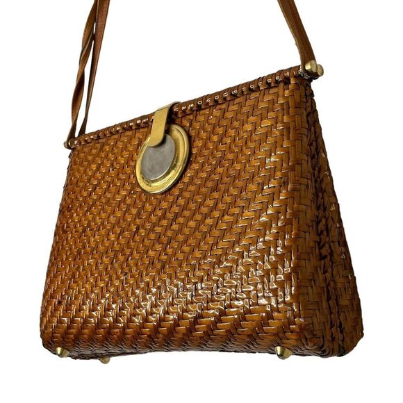 Vintage Brown Wicker Clutch Purse Crossbody Italy Rattan Bamboo Gold Hardware - Picture 4 of 16